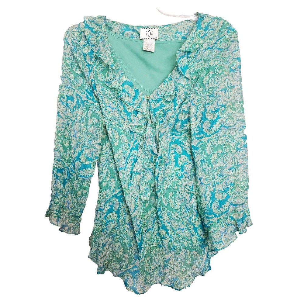 ICE Silk Green Floral Ruffle Studded V-Neck Blouse with Shell Size XL VTG READ